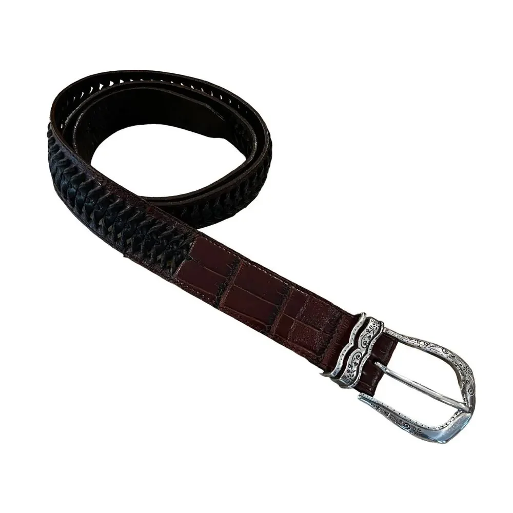 Brighton Brown Crocodile W/Black Braid/Weave Belt W/Silver Buckle - SIZE XL 36